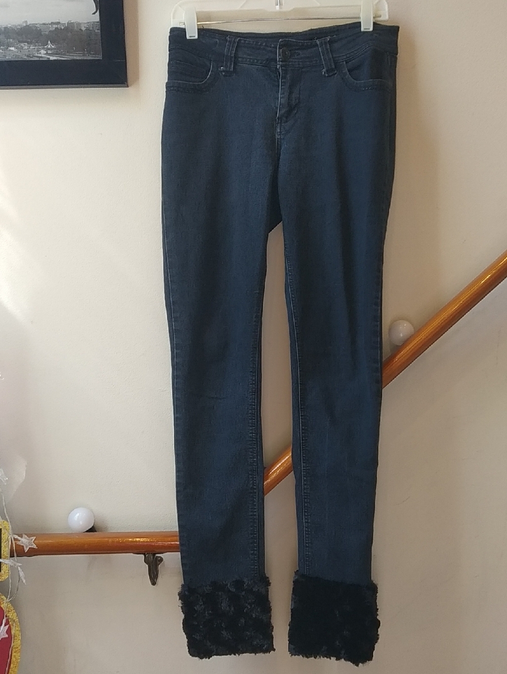 Women's Dark Blue Skinny Jeans with Faux Fur Cuffs